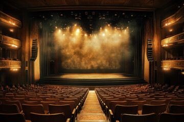 Elegant empty theater with warm lighting, showcasing ornate architecture and plush seating, creating an inviting ambience for cultural performances and events.