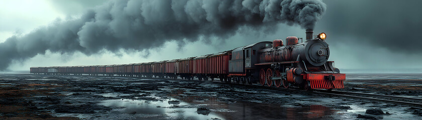 A powerful steam locomotive pulls a long train of cargo cars through a desolate, muddy landscape under a dramatic sky filled with smoke and clouds.