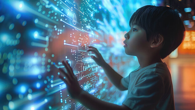 A south east asian boy is moving his body and when the kid moves the led screen graphics also moves, the kid can not touch the screen.