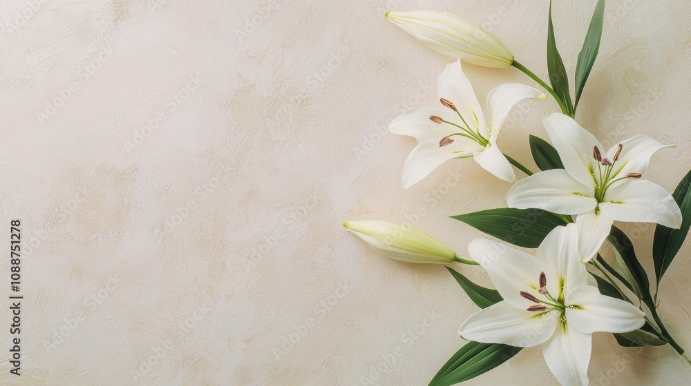 Poster condolence card with copy space for text with branch of white lilies and mourning or funeral backgro
