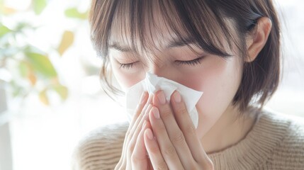Coping with seasonal allergies young woman blowing nose indoors health awareness home calm atmosphere personal care