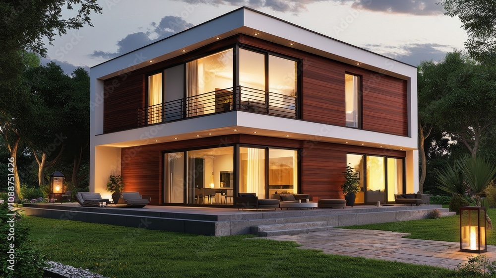 Poster an evening scene in front of an elegant modern house illuminated by elegant lighting and a garden