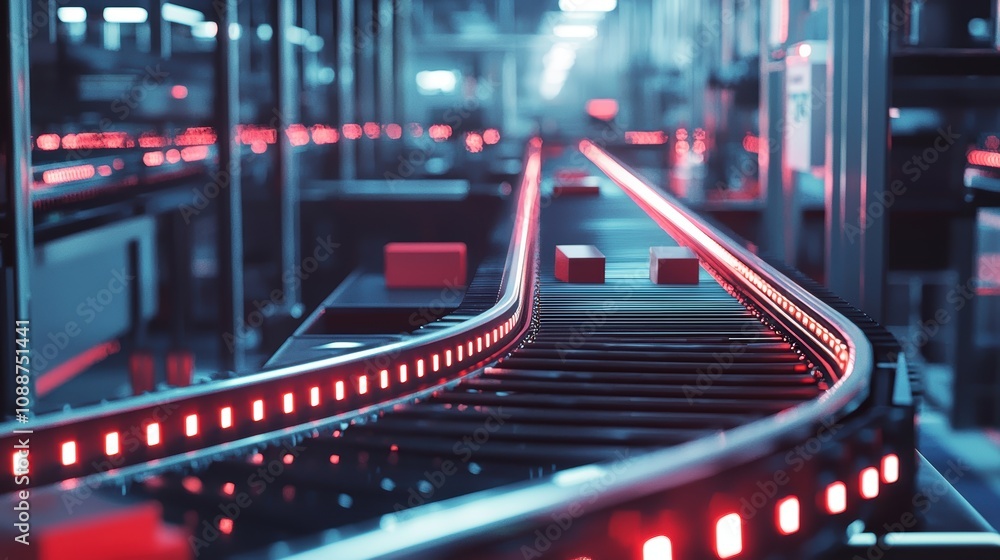 Aufkleber futuristic conveyor system with red led lights in a modern industrial warehouse setting, highlightin