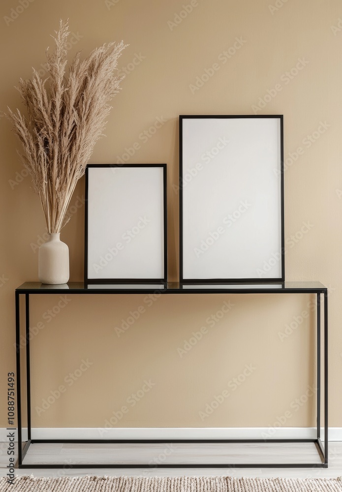 Poster 3d rendering of a frame mockup with a beige room and modern furniture in an interior background