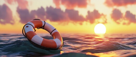 Horizontal banner of an orange lifebuoy floating at sea at sunset