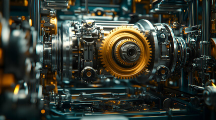 Obraz premium 3D Render of a Complex Detailed Machine with Metal Gears Interlocking and Moving, Abstract Industrial Design