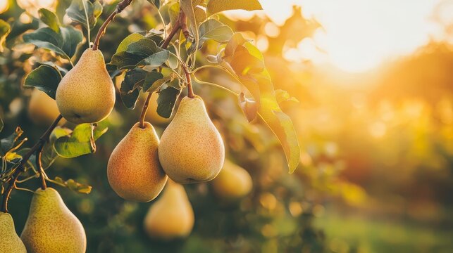 The harvest garden is filled with pear trees on a sunny day