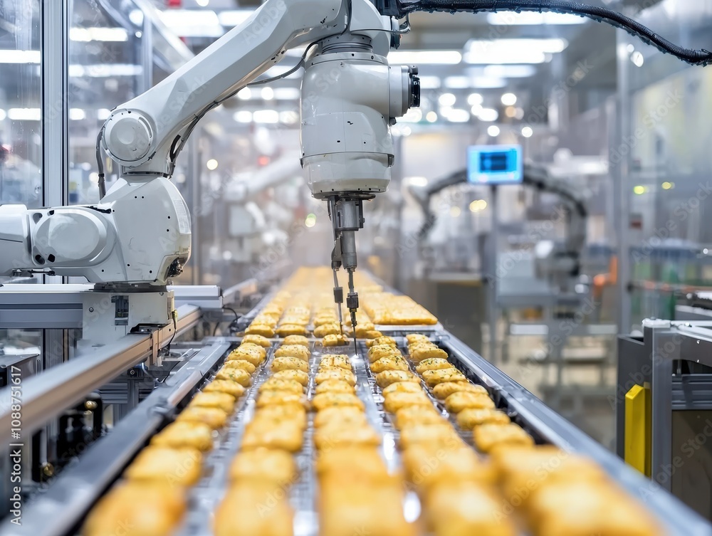 Poster robotic arm operating in a modern food production line, automated technology for efficient processin