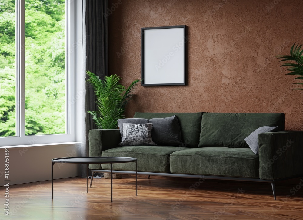 Poster mockup of a frame in a simple modern dark interior, rendered in 3d