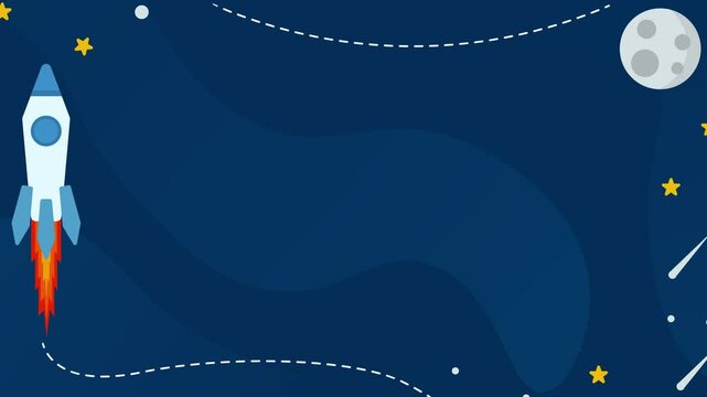 Animation of cute blue color space background. Cartoon child theme moon, rocket and little stars. Loop playback on 4K footage. Suitable for wallpaper, education, presentations, etc.