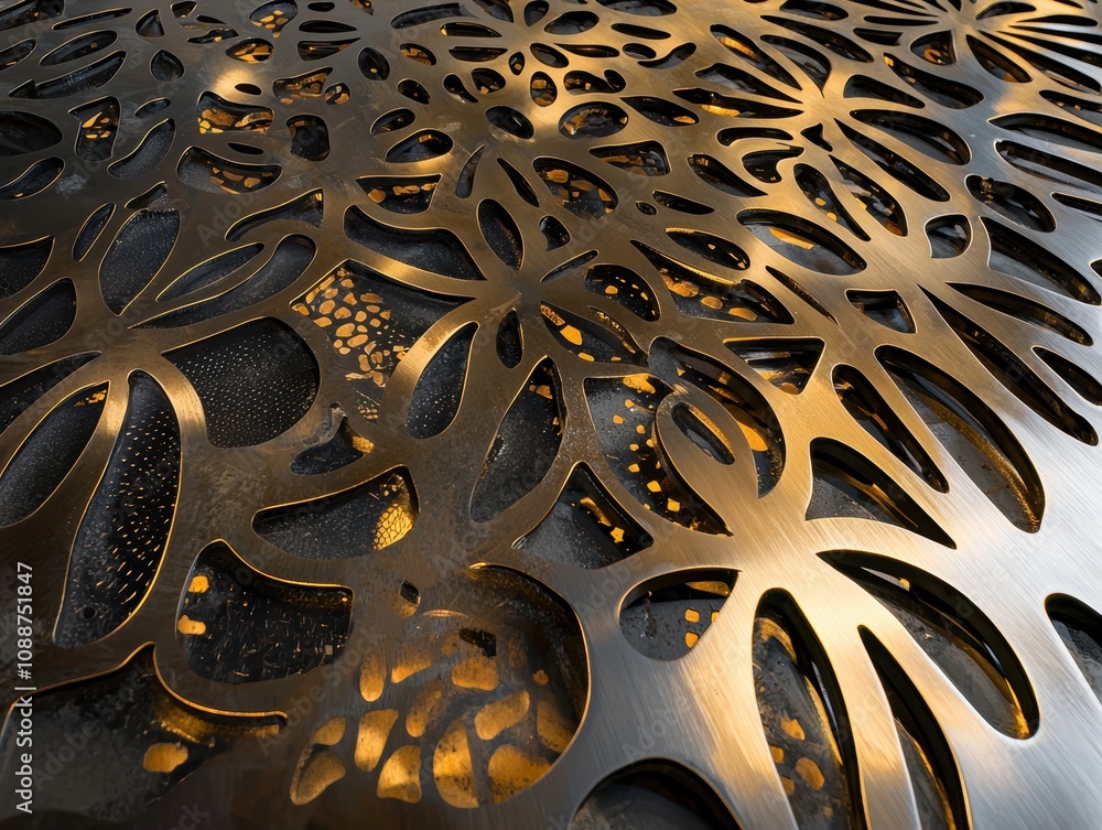 Poster intricate metallic texture with leafy design illuminated by subtle warm hues, creating a unique arti