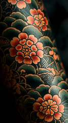 Fototapeta premium Close-up of a Traditional Japanese Tattoo with Detailed Floral and Wave Patterns