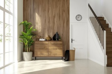 Interior stylish wooden entrance hallway decor with cozy wooden tone, contemporary home furniture desk, stand, and shoe bench.