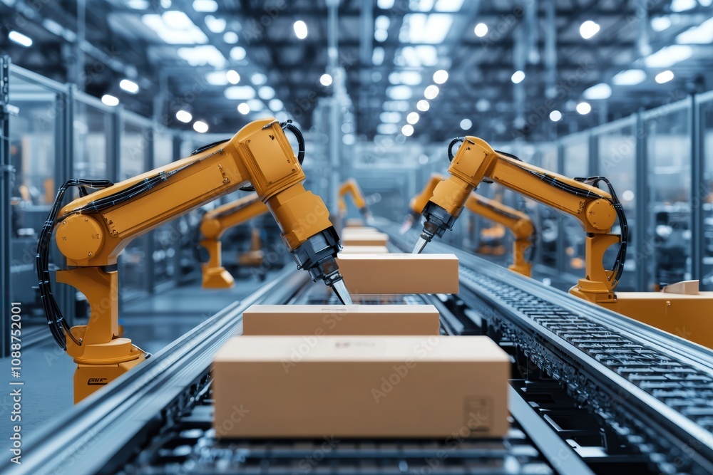 Poster advanced robotic arms sorting and packaging boxes in a modern automated warehouse, showcasing cuttin