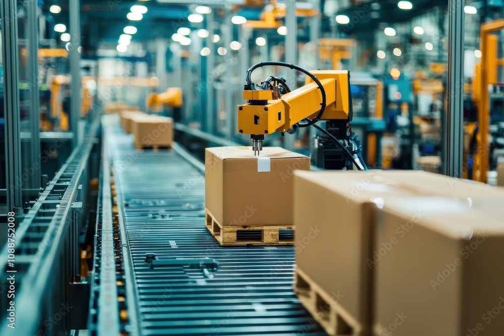 Poster automated robotic arm selecting packages on conveyor belt in modern warehouse environment with advan