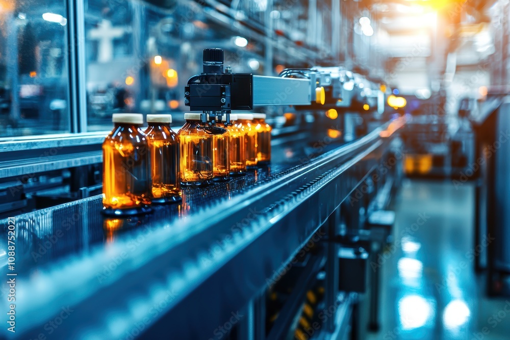 Poster automated production line in a pharmaceutical factory featuring amber bottles on conveyor belt with 