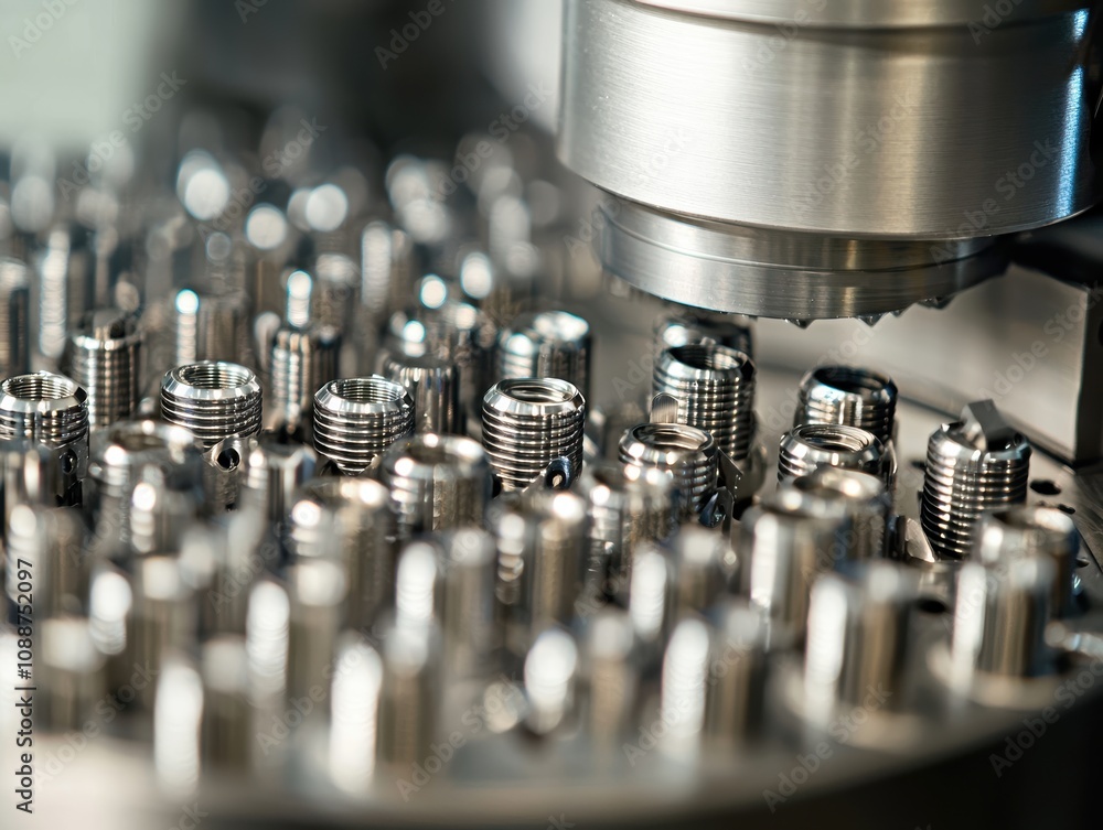 Poster close-up view of precision machining process in a factory with metallic components undergoing qualit