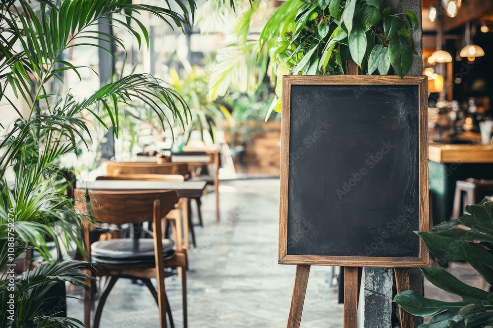 Poster an empty menu board in front of a restaurant entrance or coffee café for mock up, a chalkboard banne
