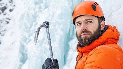 Ice climber scaling a frozen waterfall, ice axes, and crampons, intense and dramatic winter adventure