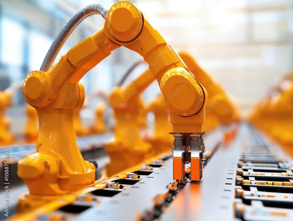 Poster automated robotic arm in modern factory setting performing precision tasks in assembly line with bri
