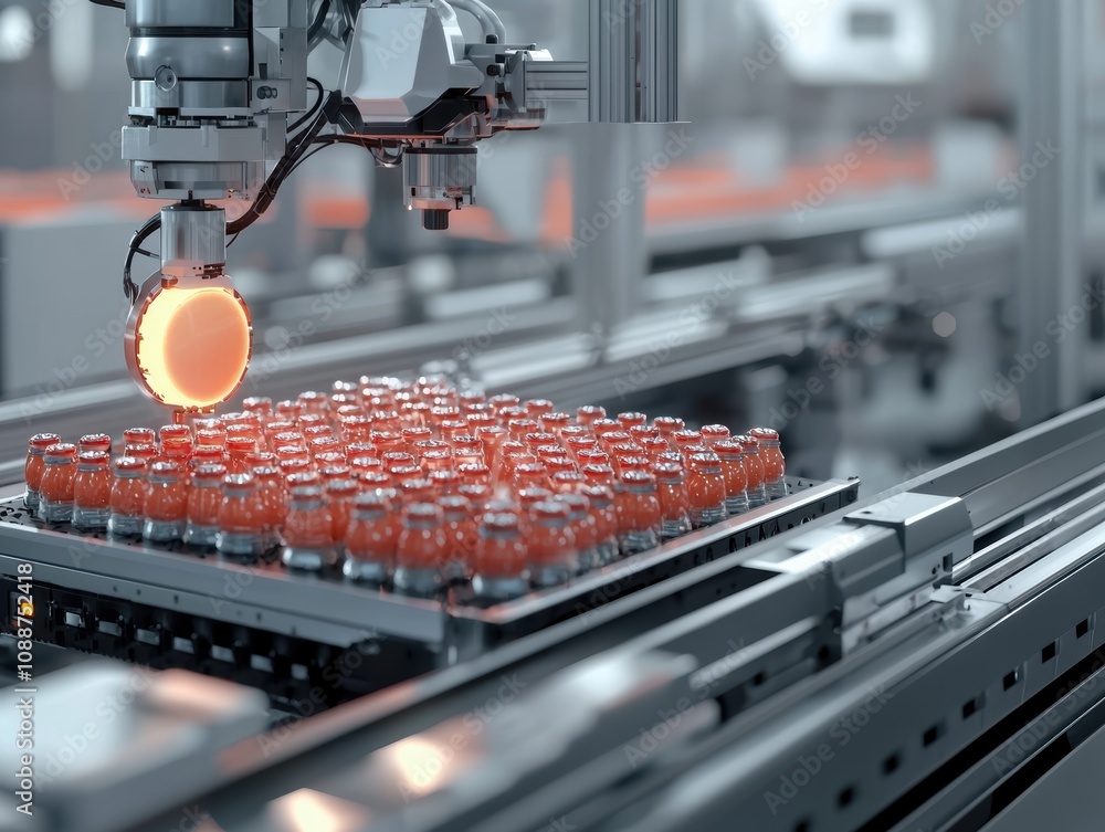 Poster automated robotic arm handling bottles in a modern production line, showcasing advanced technology a