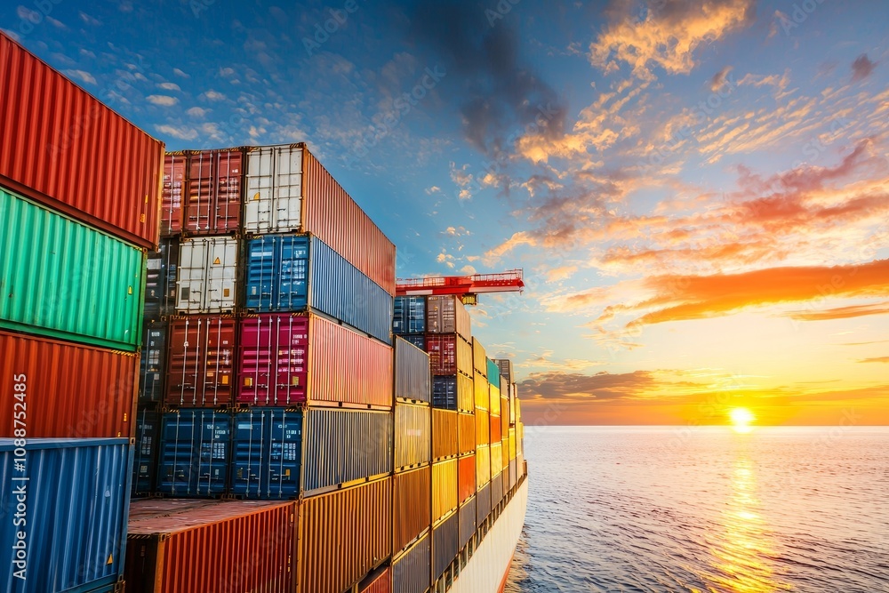 Poster this aerial view shows a large ship in ocean freight shipping and a full container for logistic tran