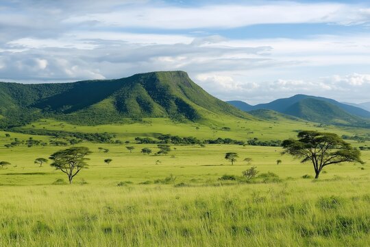 A vast, open plain with a mountain in the background. The sky is clear and blue. Trees are scattered throughout the field