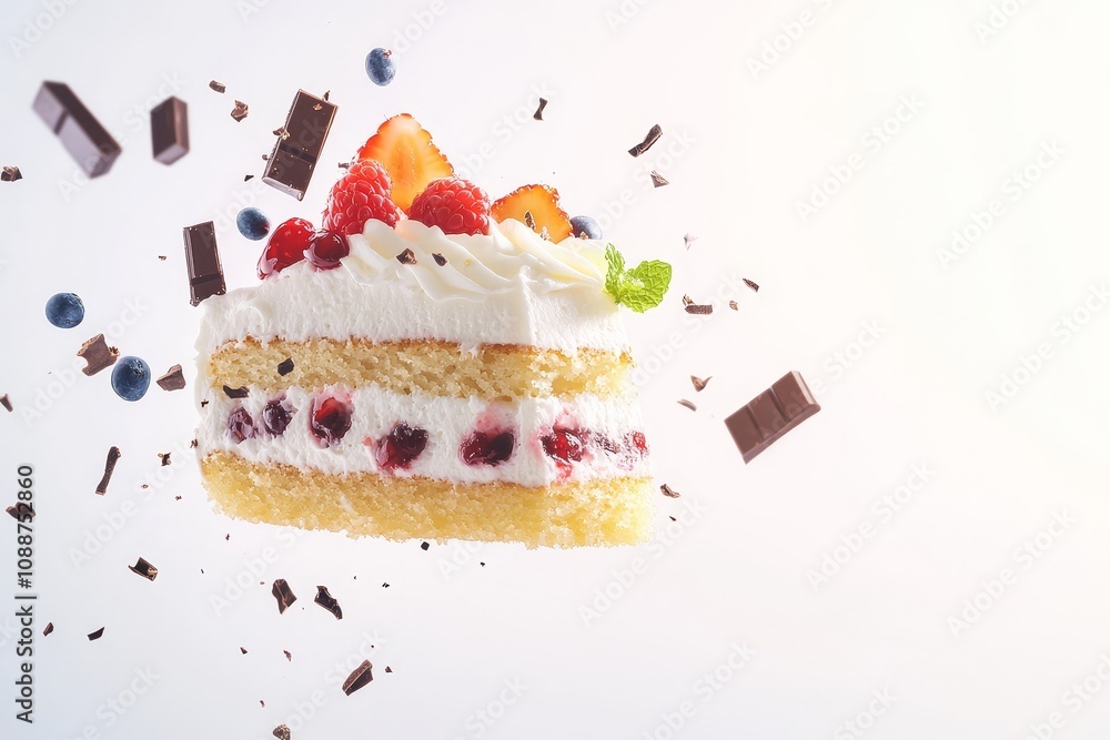 Poster slice of cheesecake floating in the air with an isolated background of dessert and sweet meal.