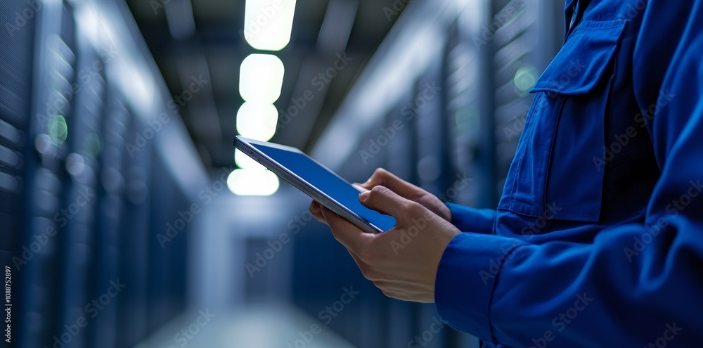 Poster a technician holds a tablet in a data center, demonstrating the diagnostics and maintenance of a ser