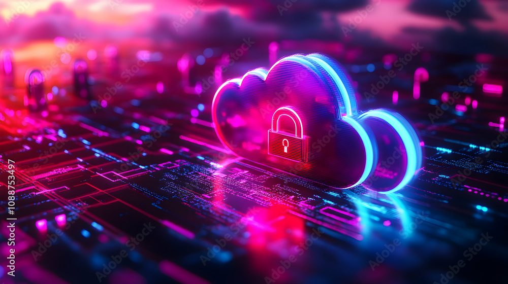 Poster 3d illustration of a cloud with a padlock symbol on a neon-lit circuit board background representing