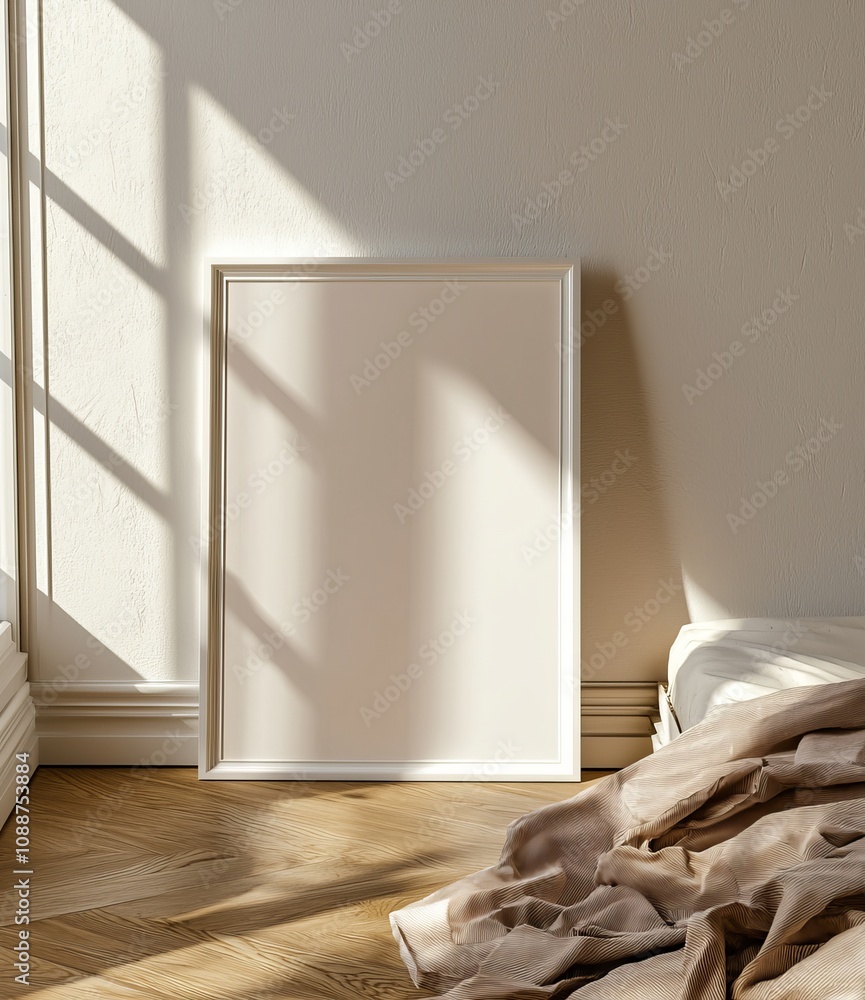 Poster an interior frame mockup in a light cozy and simple bedroom setting. 3d rendering