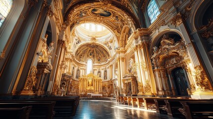 Fototapeta premium The interior of a large church is filled with gold and white decorations