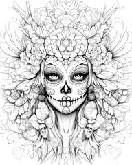 A woman with a flowery headdress and a skeleton on her face