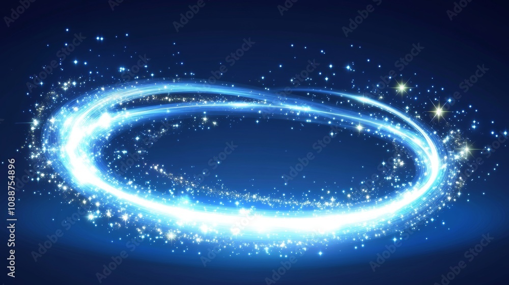 Fototapete with white light waved and circular neon elements with swoosh effect and round snowflakes or sparkle