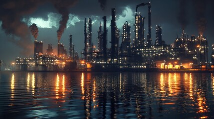 Fototapeta premium Industriegebiet mit auf dem Wasser reflektierten Nachtlichtern, das eine groÃe Ãlraffinerie und moderne FabrikgebÃ¤ude zeigt, Konzept Industrie