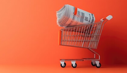 Fototapeta premium A shopping cart overflowing with receipts on a bright orange background.