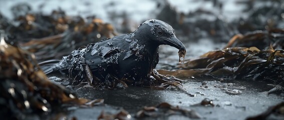 Fototapeta premium An oil spill on a beach exposing the catastrophic effects of environmental change
