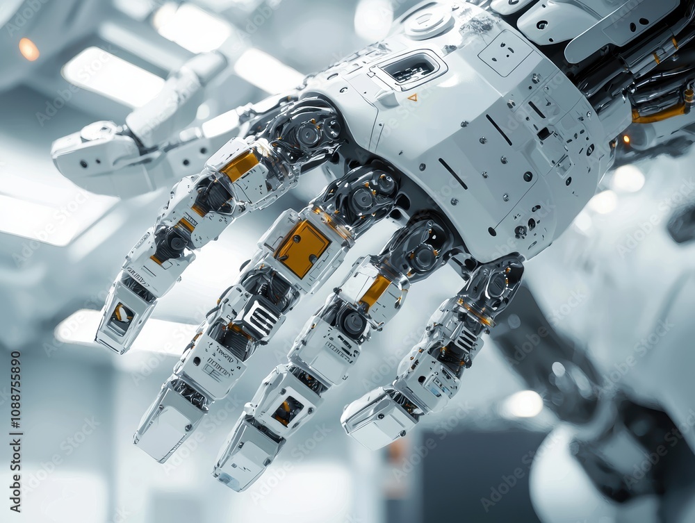 Poster futuristic robotic hand in a high-tech environment showcasing advanced machinery and precision engin