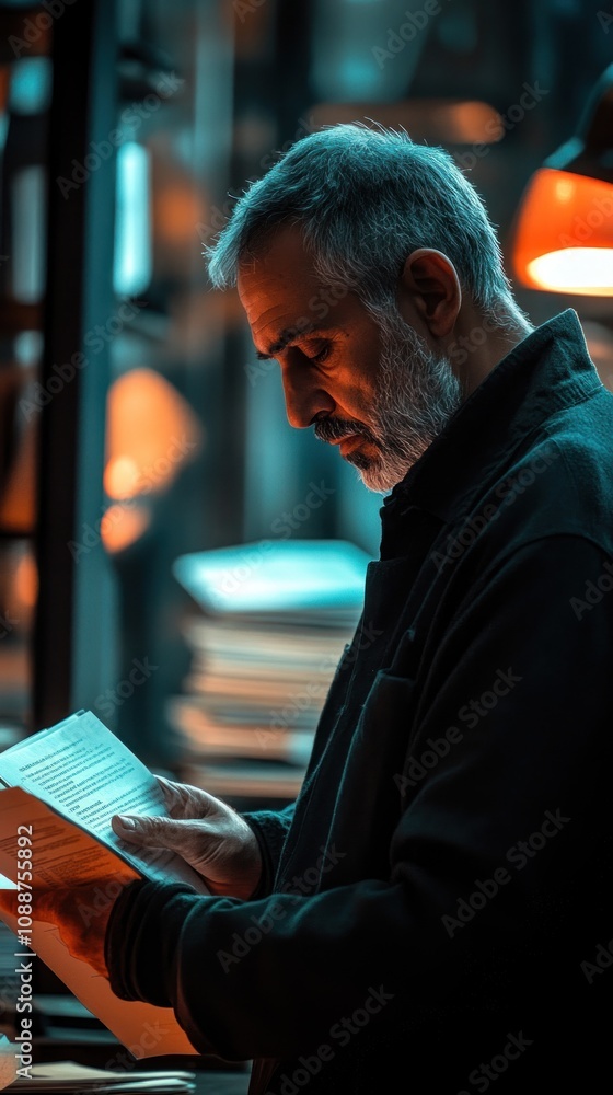 Poster a man reading intently in a dimly lit library, surrounded by books and warm lighting.