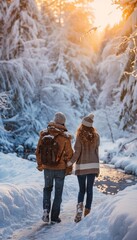 Couple embraces adventure in a cozy winter wonderland, perfect for q4 travel campaigns