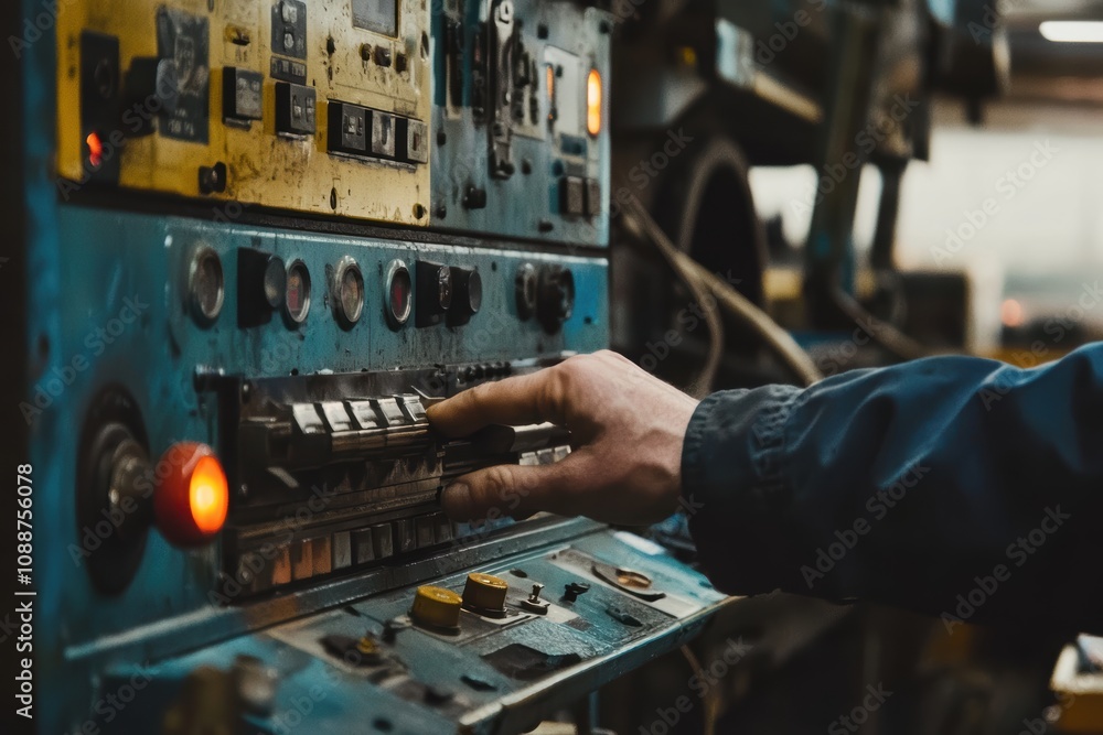 Poster close-up of a hand operating industrial machinery control panel with buttons and switches in a facto