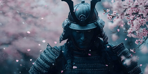 Fototapeta premium A Samurai Warrior Stands in a Shower of Cherry Blossoms, His Armor Reflects the Falling Petals, a Dramatic and Mystical Scene