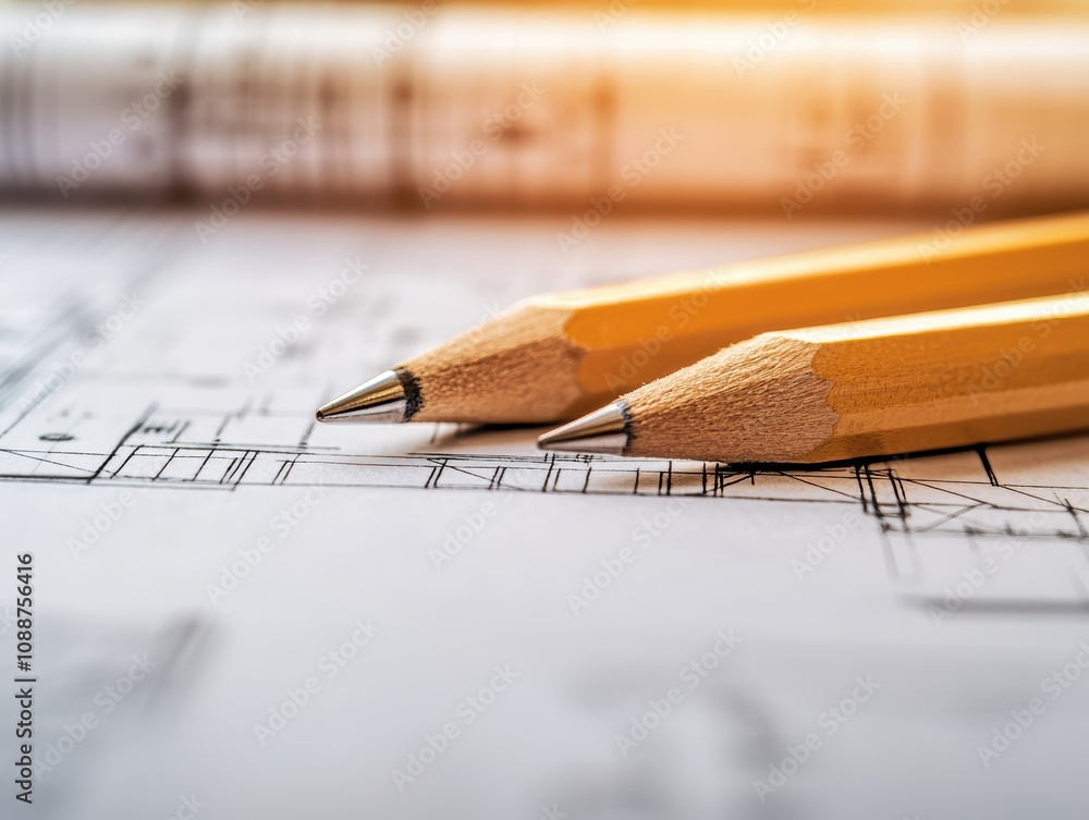 Poster close-up view of yellow pencils on architectural blueprint background with soft lighting and constru