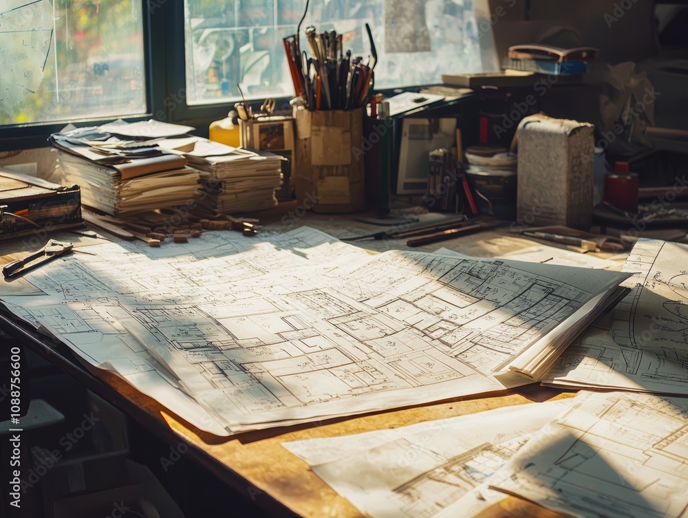 Poster architectural plans spread across a wooden table in a sunlit design studio with tools, papers, and d