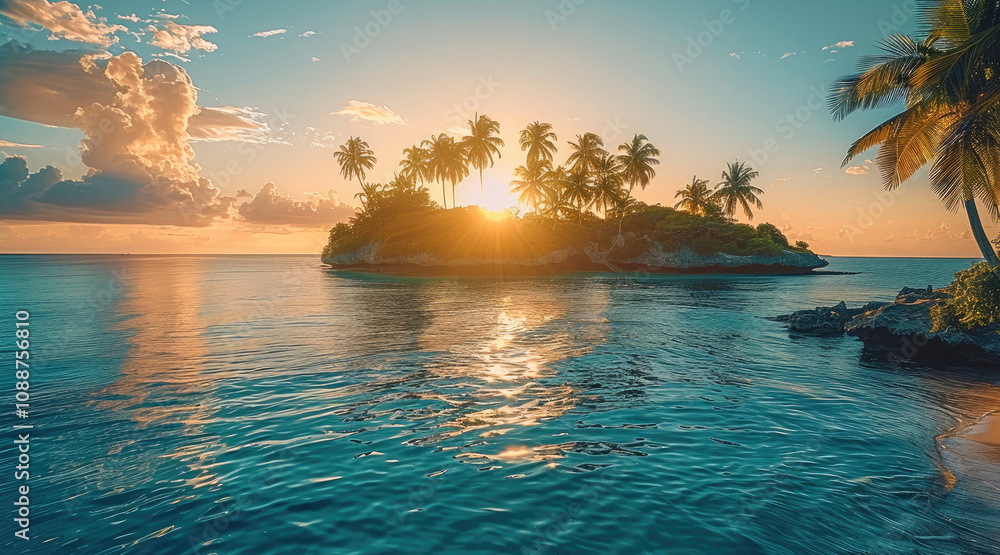 Poster front view of beautiful exotic island with lush landscape and palm trees surrounded by a clear blue 