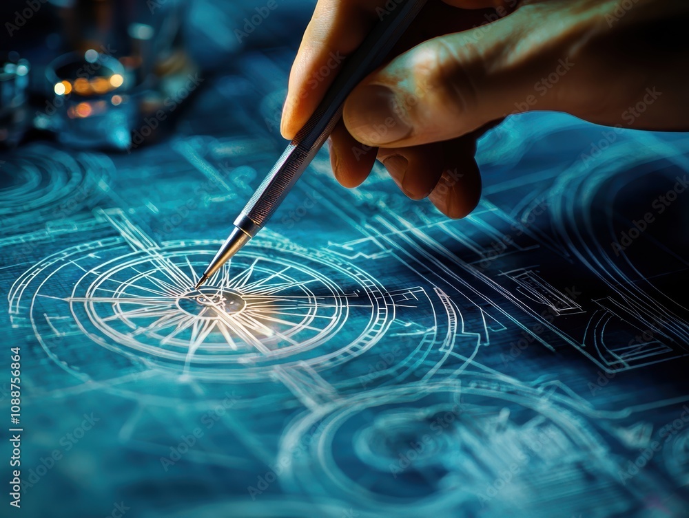 Poster intricate design process with hand holding pen over blueprint, capturing creativity and precision in
