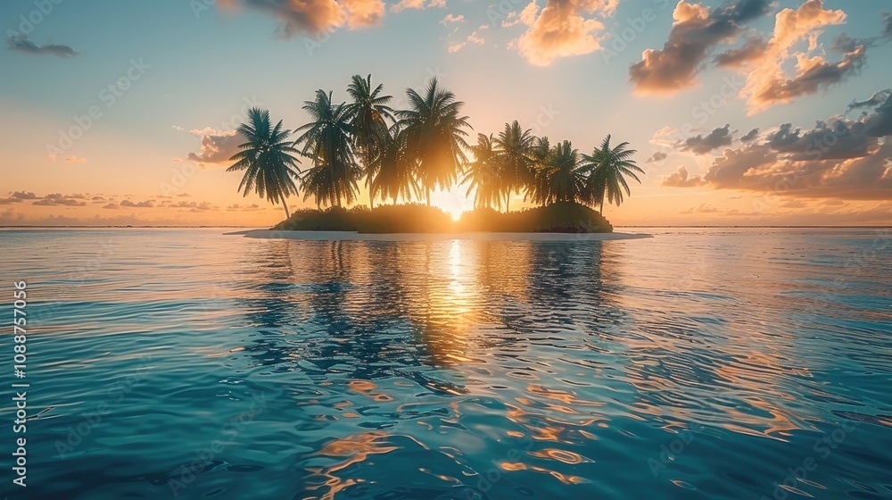 Poster front view of beautiful exotic island with lush landscape and palm trees surrounded by a clear blue 