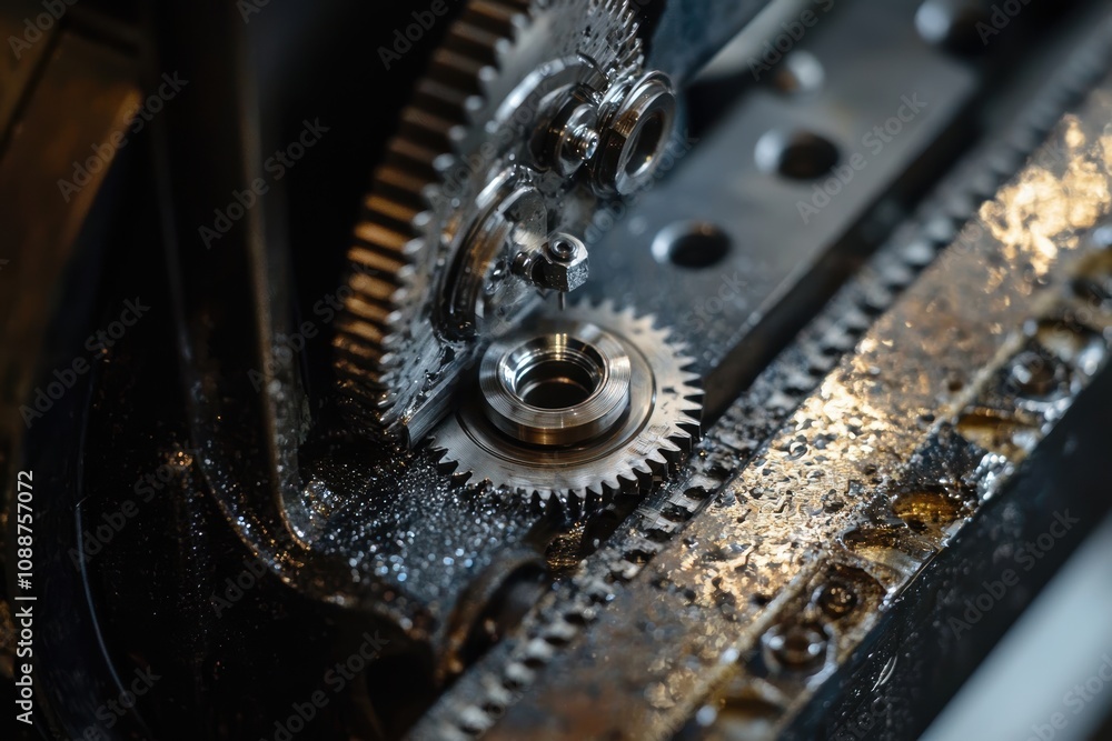Poster close-up view of intricate gears and mechanical components in a manufacturing setting showcasing pre