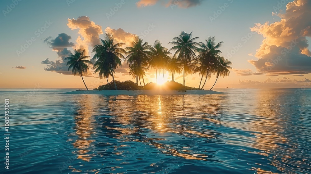 Poster front view of beautiful exotic island with lush landscape and palm trees surrounded by a clear blue 