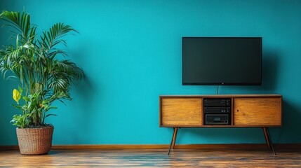 Modern living room with a TV and decorative plant.